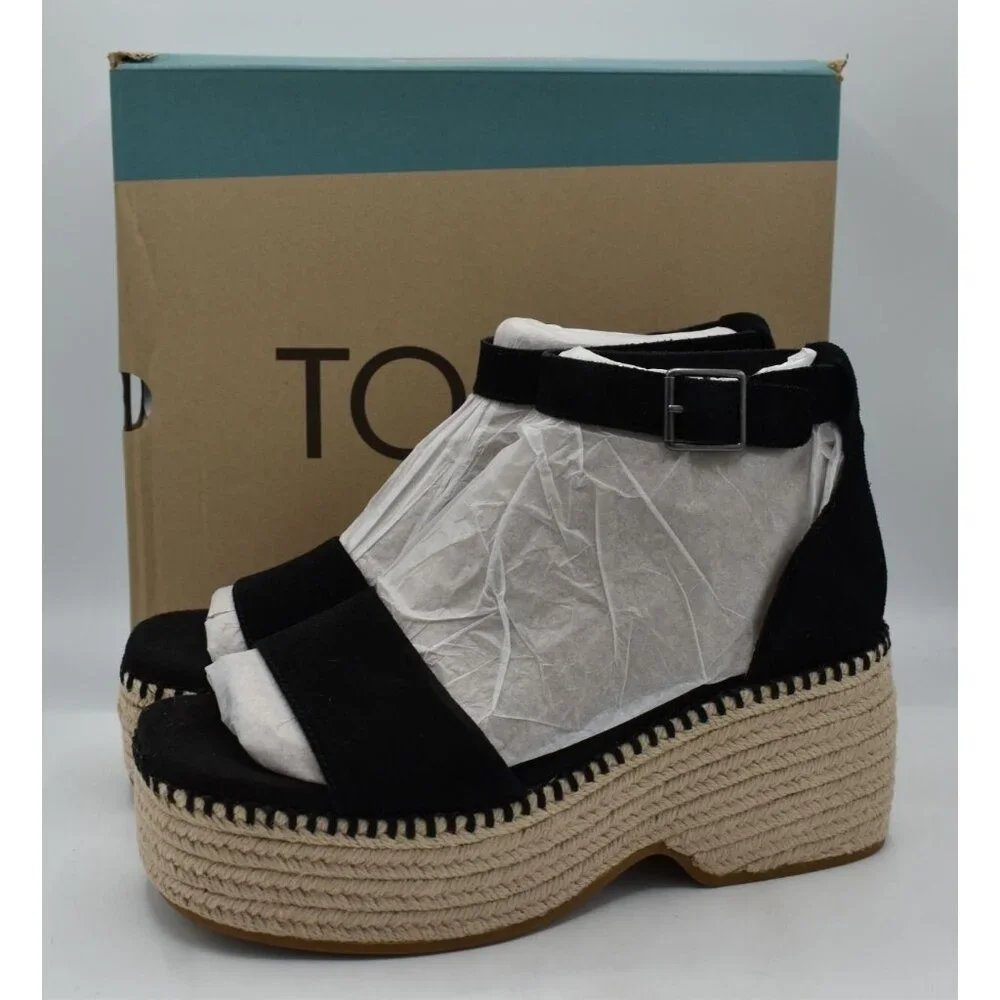 TOMS Womens‎ Size 9.5 Laila Black Suede Platform Espadrille Sandals Shoes